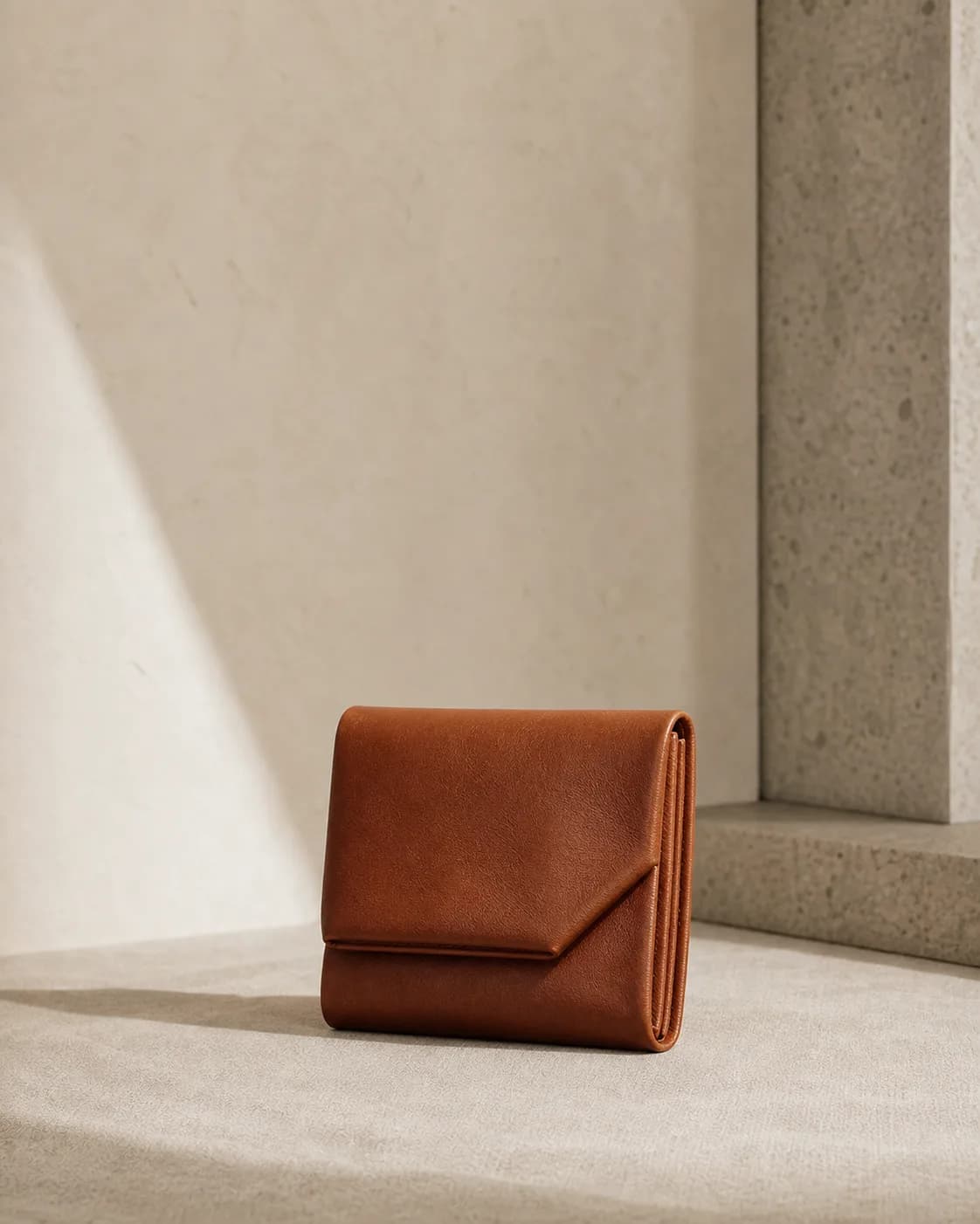 Compact folded chestnut leather wallet in a warm minimal studio.